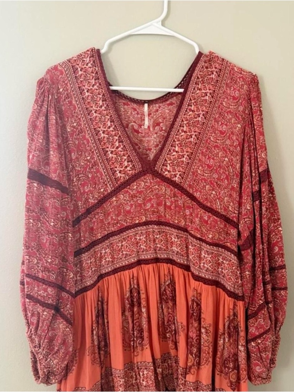 Free People Boho Red Paisley V-Neck Top